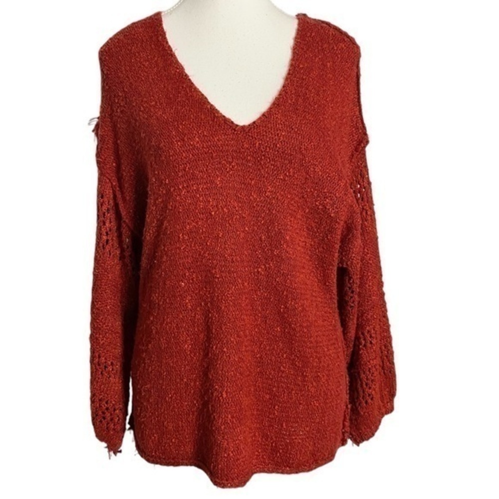 L Love Burgandy Red Loose Knit V-Neck Long Sleeve Sweater